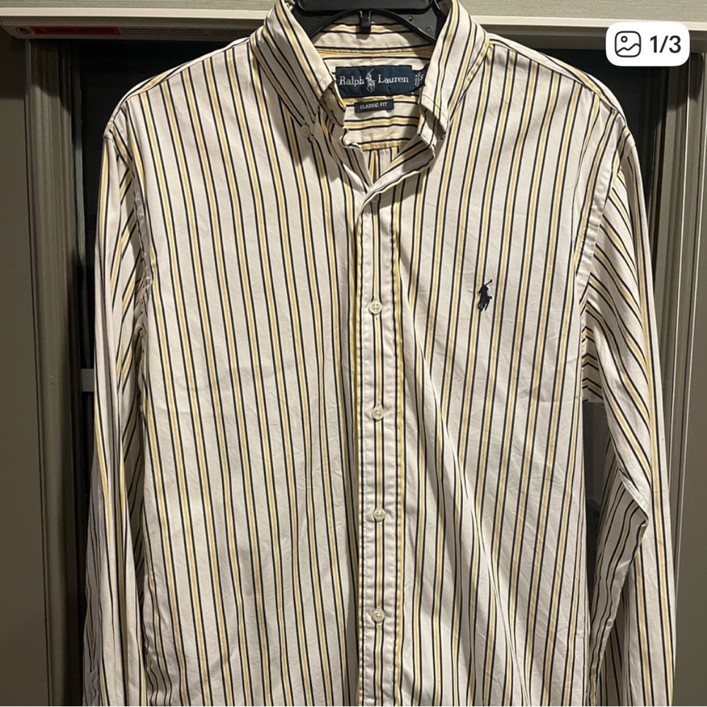Ralph Lauren Men's Shirt - Black, White, and Yellow Stripes